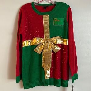 CHRISTMAS PACKAGE Long Sleeve Sweater * Sequins and Gold Lame Bow * Gift Present